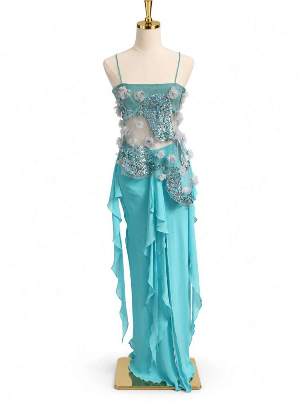 Vintage Ruth Tarvydas Aqua Silk Chiffon Beaded Evening Ensemble AU 2 Runway worn